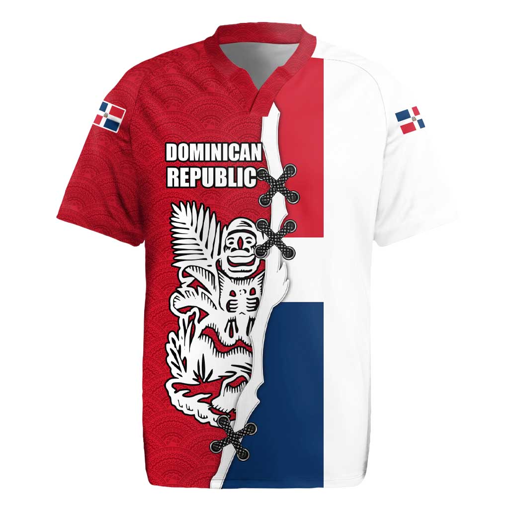 Dominican Republic Flag Half Zip Design Rugby Jersey with Coat of Arms and Taino Symbol - Wonder Print Shop