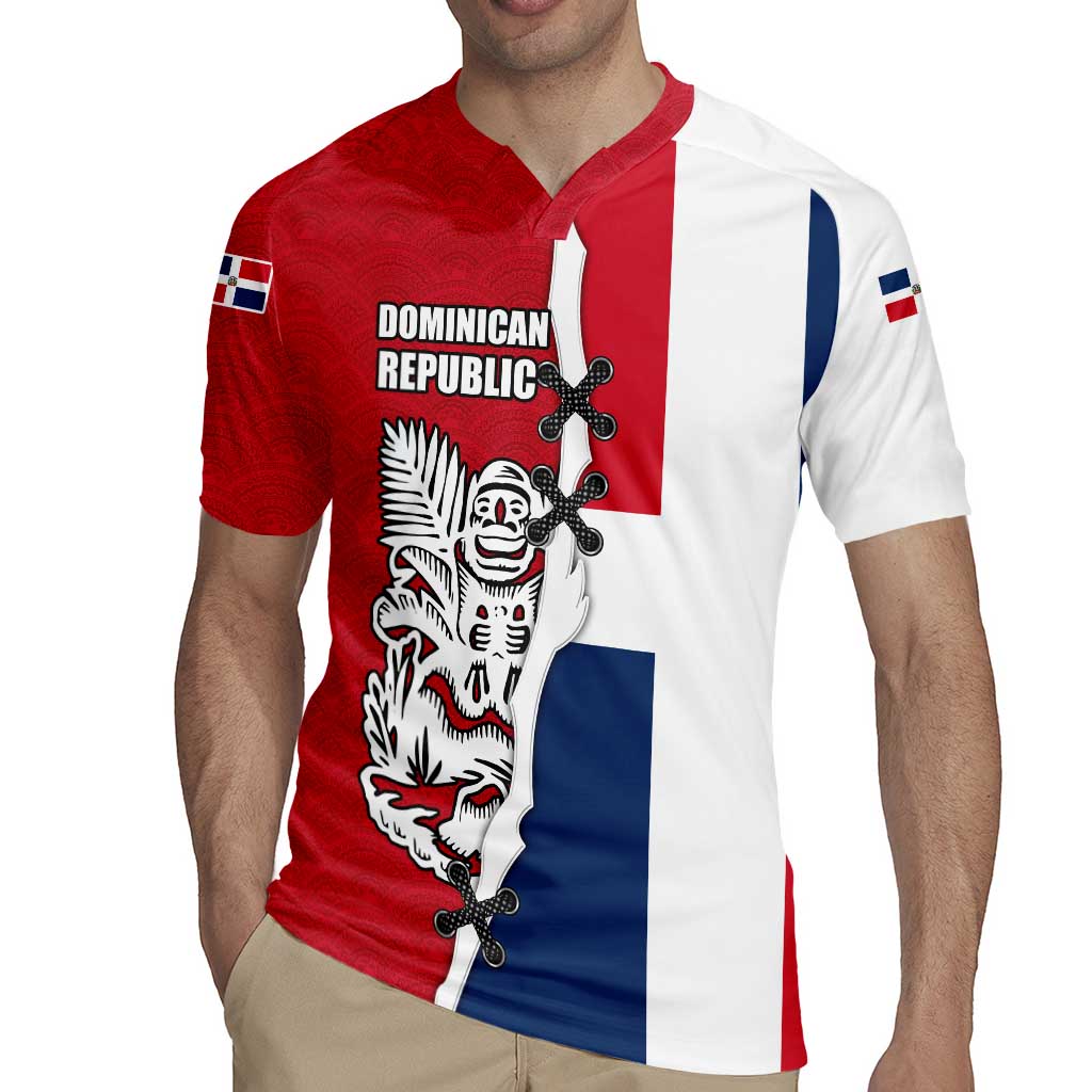 Dominican Republic Flag Half Zip Design Rugby Jersey with Coat of Arms and Taino Symbol - Wonder Print Shop