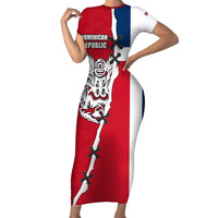 Dominican Republic Flag Half Zip Design Short Sleeve Bodycon Dress with Coat of Arms and Taino Symbol - Wonder Print Shop