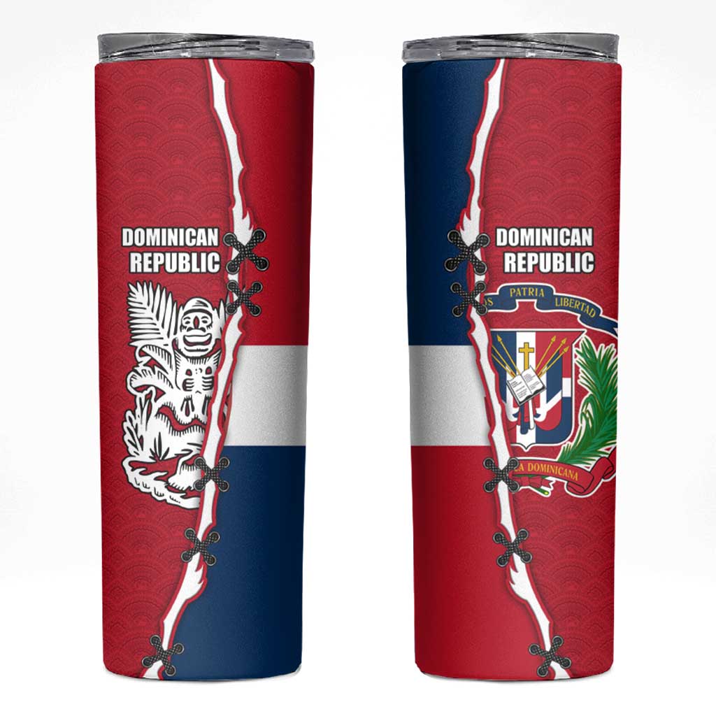 Dominican Republic Flag Half Zip Design Skinny Tumbler with Coat of Arms and Taino Symbol - Wonder Print Shop