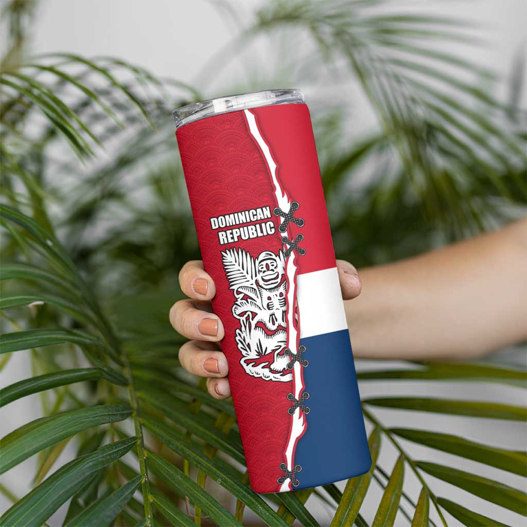 Dominican Republic Flag Half Zip Design Skinny Tumbler with Coat of Arms and Taino Symbol - Wonder Print Shop