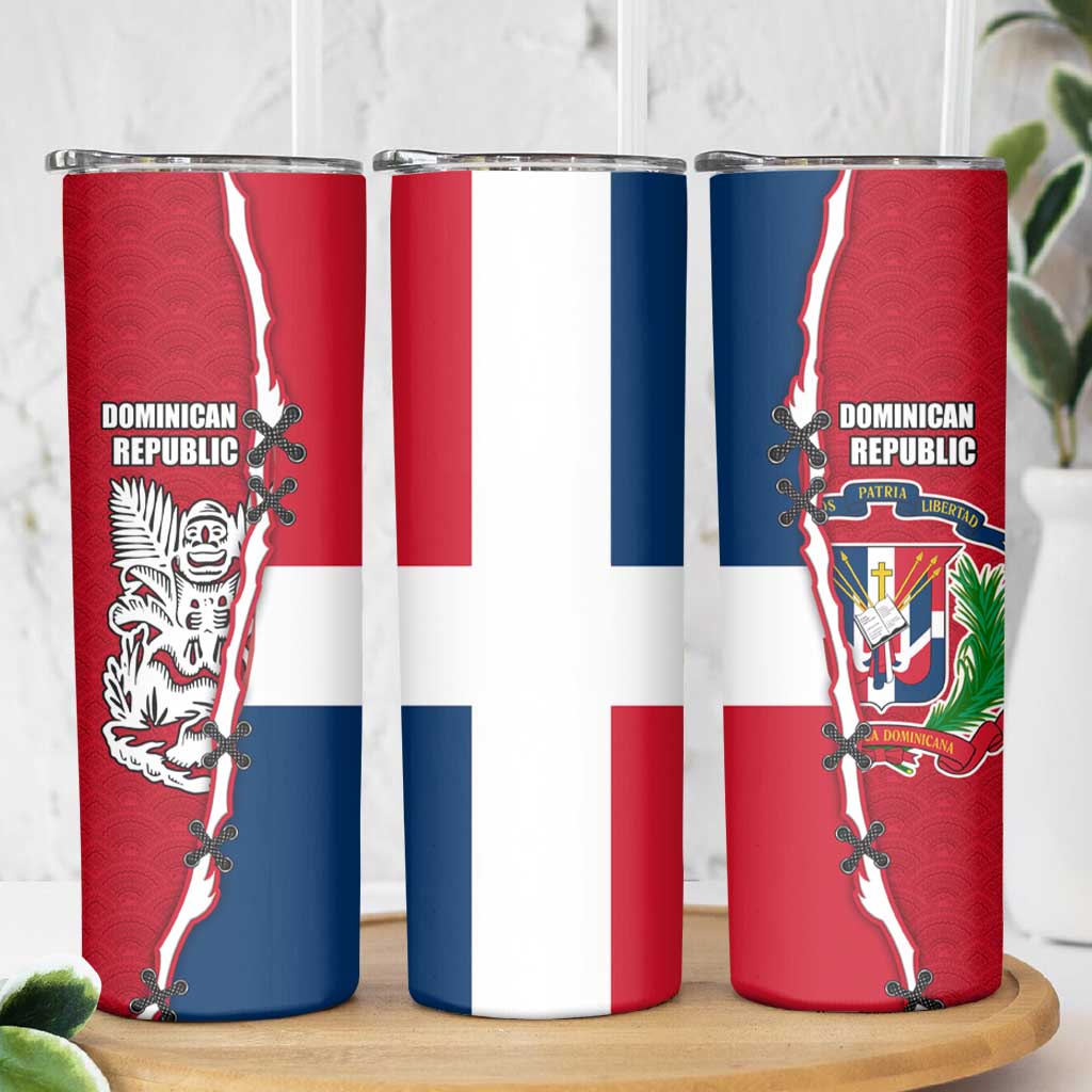 Dominican Republic Flag Half Zip Design Skinny Tumbler with Coat of Arms and Taino Symbol - Wonder Print Shop