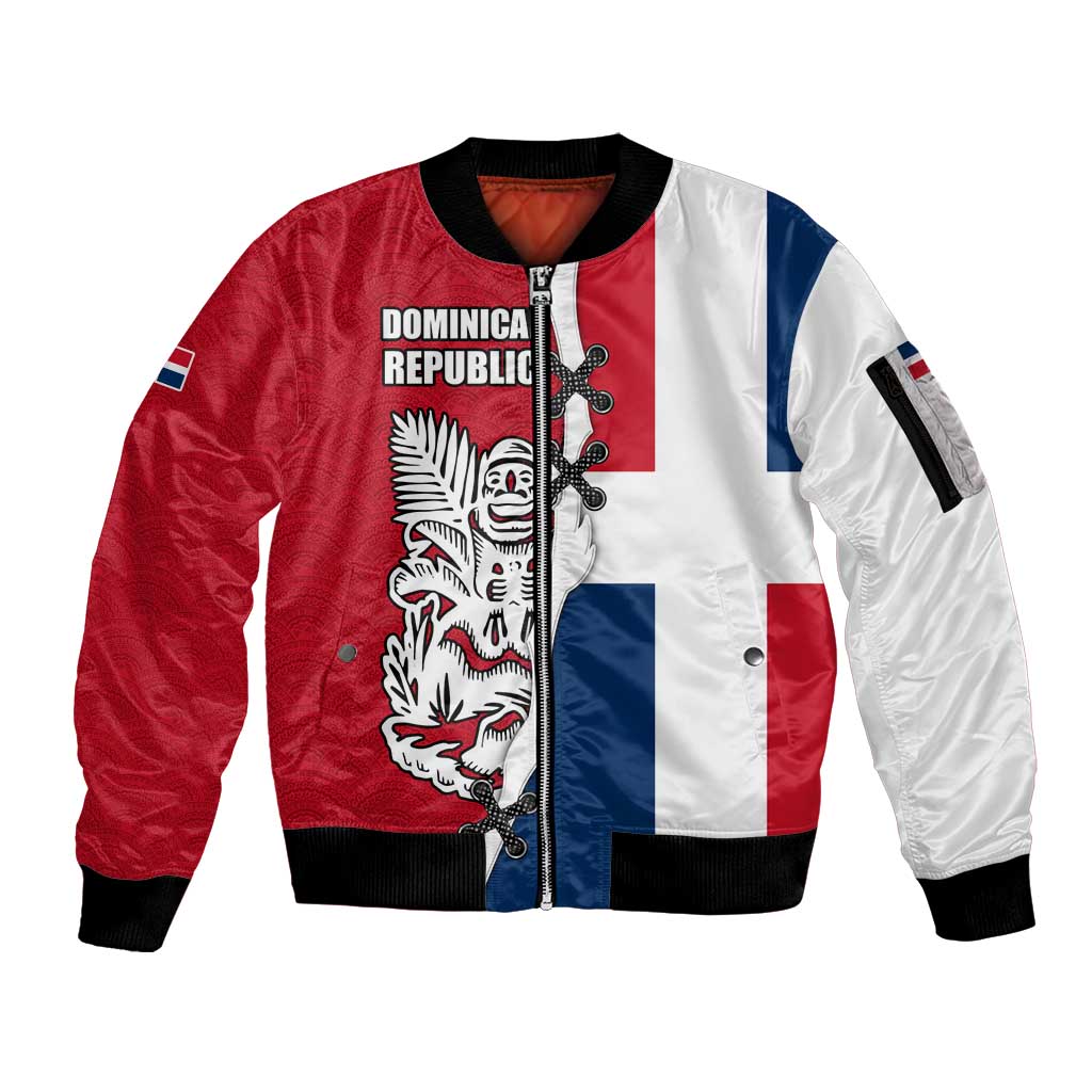 Dominican Republic Flag Half Zip Design Sleeve Zip Bomber Jacket with Coat of Arms and Taino Symbol - Wonder Print Shop