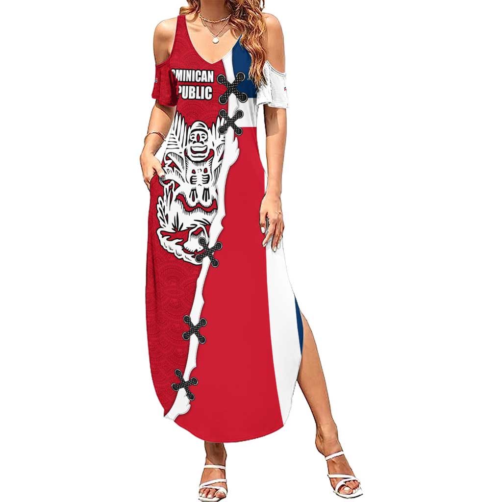 Dominican Republic Flag Half Zip Design Summer Maxi Dress with Coat of Arms and Taino Symbol - Wonder Print Shop