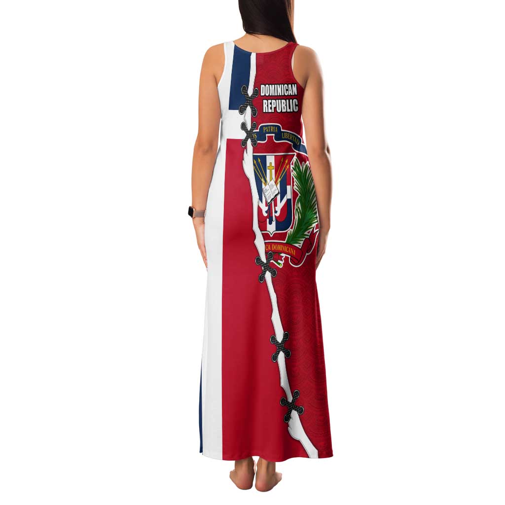 Dominican Republic Flag Half Zip Design Tank Maxi Dress with Coat of Arms and Taino Symbol - Wonder Print Shop