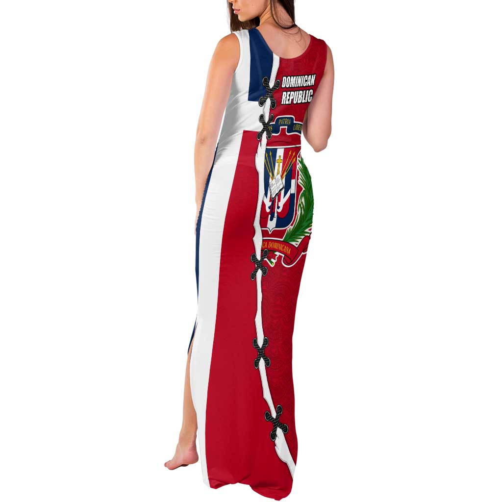 Dominican Republic Flag Half Zip Design Tank Maxi Dress with Coat of Arms and Taino Symbol - Wonder Print Shop