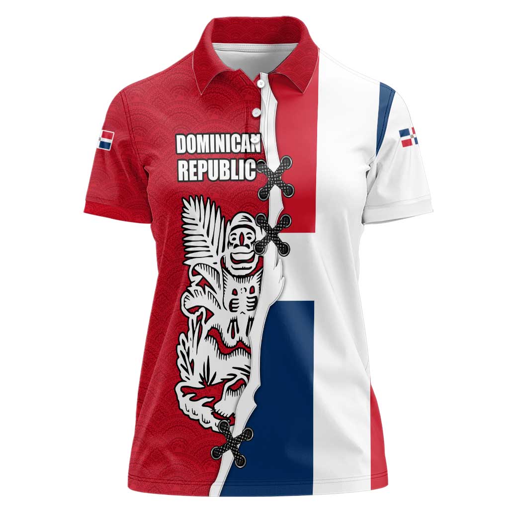 Dominican Republic Flag Half Zip Design Women Polo Shirt with Coat of Arms and Taino Symbol - Wonder Print Shop