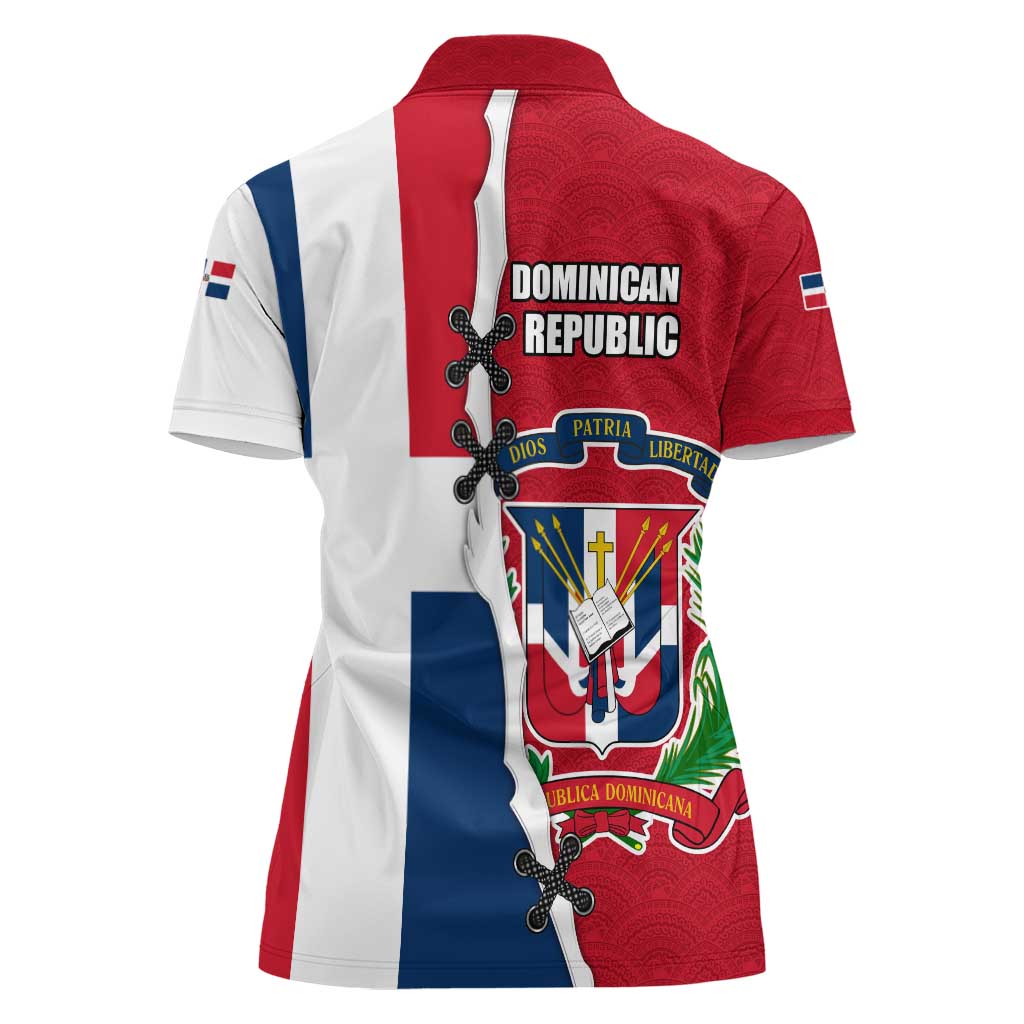 Dominican Republic Flag Half Zip Design Women Polo Shirt with Coat of Arms and Taino Symbol - Wonder Print Shop