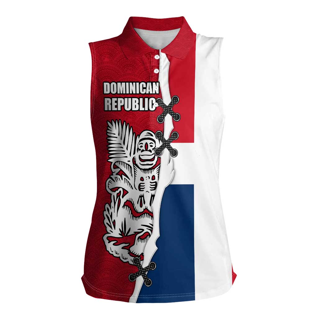 Dominican Republic Flag Half Zip Design Women Sleeveless Polo Shirt with Coat of Arms and Taino Symbol - Wonder Print Shop