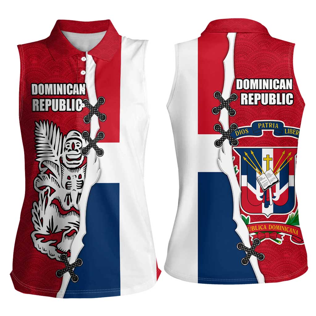 Dominican Republic Flag Half Zip Design Women Sleeveless Polo Shirt with Coat of Arms and Taino Symbol - Wonder Print Shop