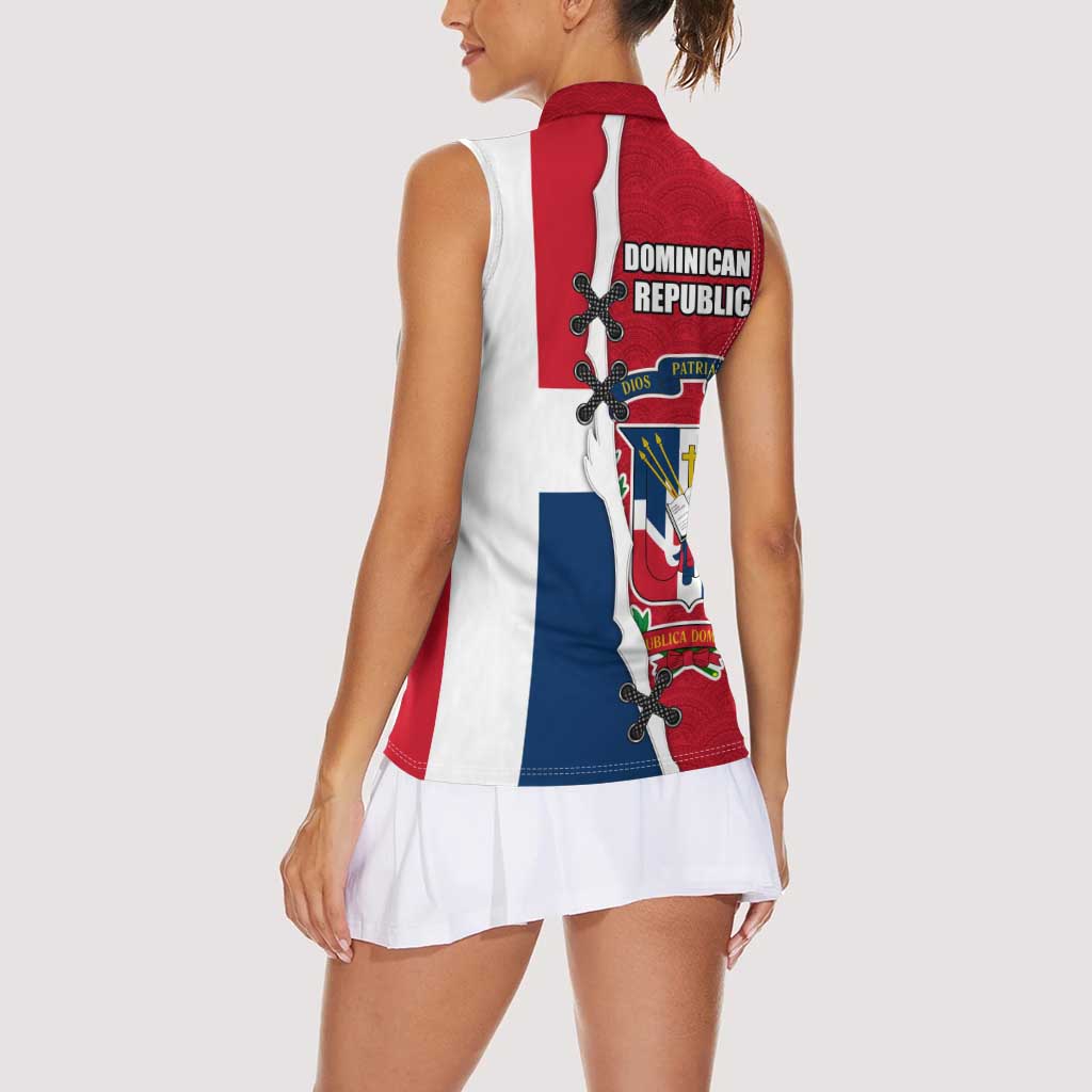 Dominican Republic Flag Half Zip Design Women Sleeveless Polo Shirt with Coat of Arms and Taino Symbol - Wonder Print Shop