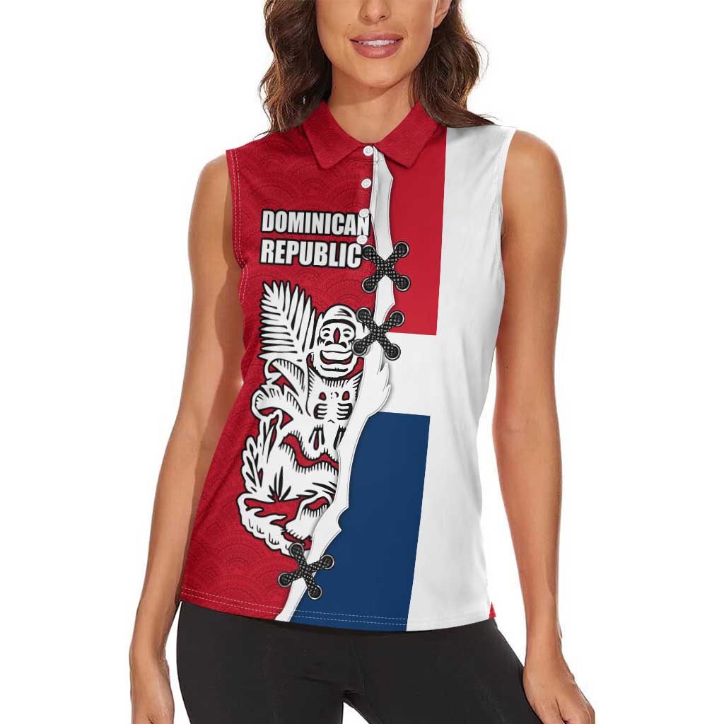 Dominican Republic Flag Half Zip Design Women Sleeveless Polo Shirt with Coat of Arms and Taino Symbol - Wonder Print Shop