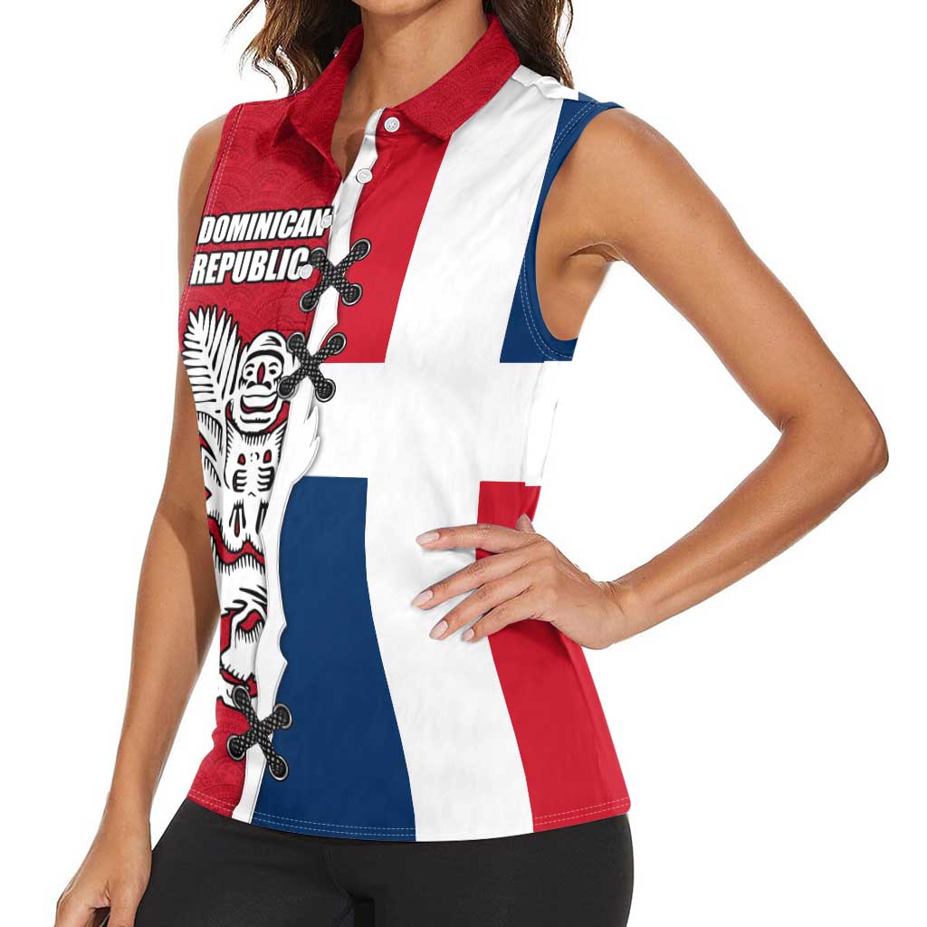 Dominican Republic Flag Half Zip Design Women Sleeveless Polo Shirt with Coat of Arms and Taino Symbol - Wonder Print Shop