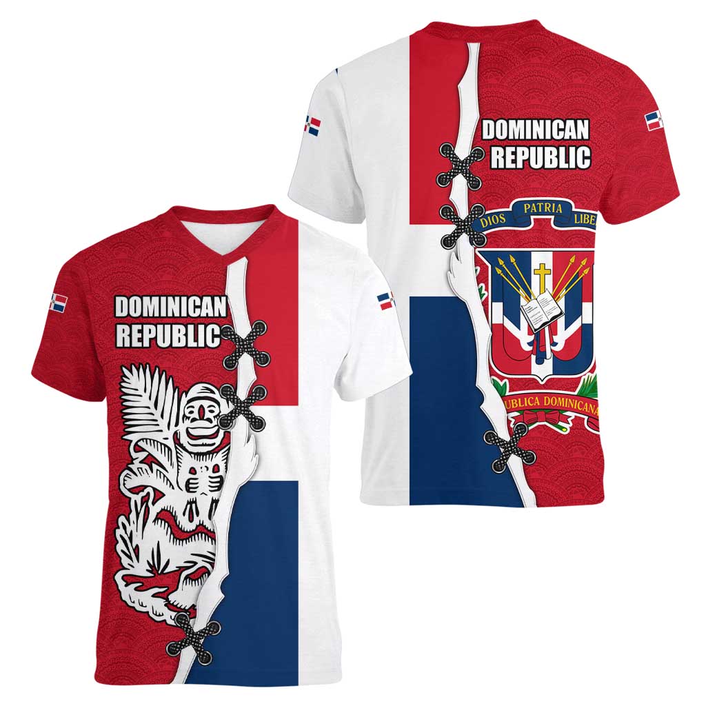Dominican Republic Flag Half Zip Design Women V-Neck T-Shirt with Coat of Arms and Taino Symbol - Wonder Print Shop