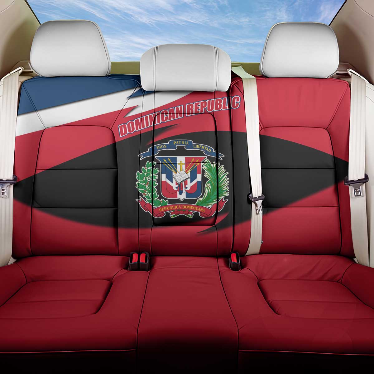 Dominican Republic Flag Back Car Seat Cover with Map National Coat of Arms Island Silhouette - Wonder Print Shop