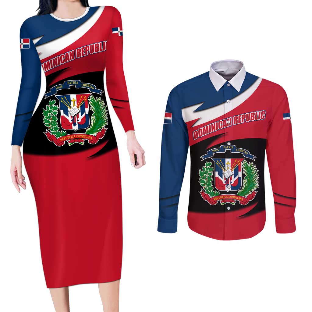 Dominican Republic Flag Couples Matching Long Sleeve Bodycon Dress and Long Sleeve Button Shirt with Map National Coat of Arms Island Silhouette - Wonder Print Shop