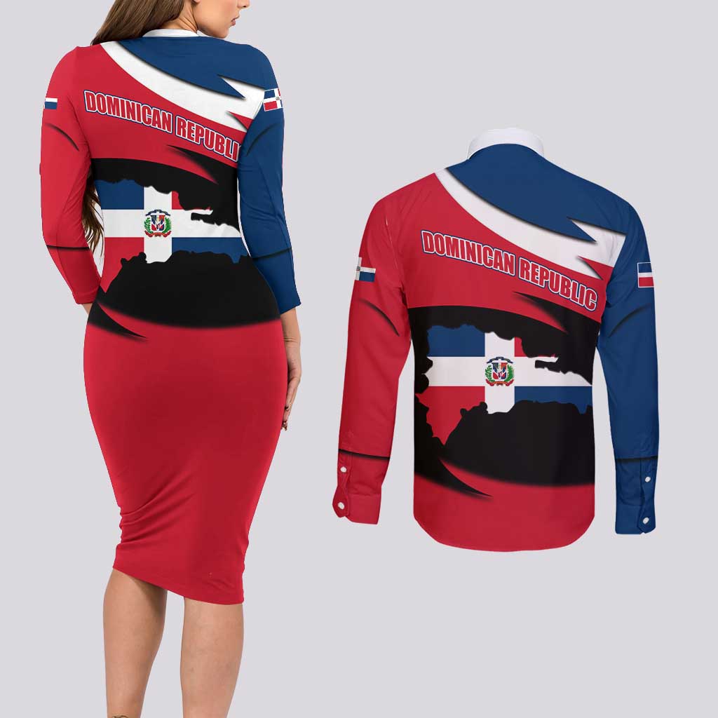 Dominican Republic Flag Couples Matching Long Sleeve Bodycon Dress and Long Sleeve Button Shirt with Map National Coat of Arms Island Silhouette - Wonder Print Shop