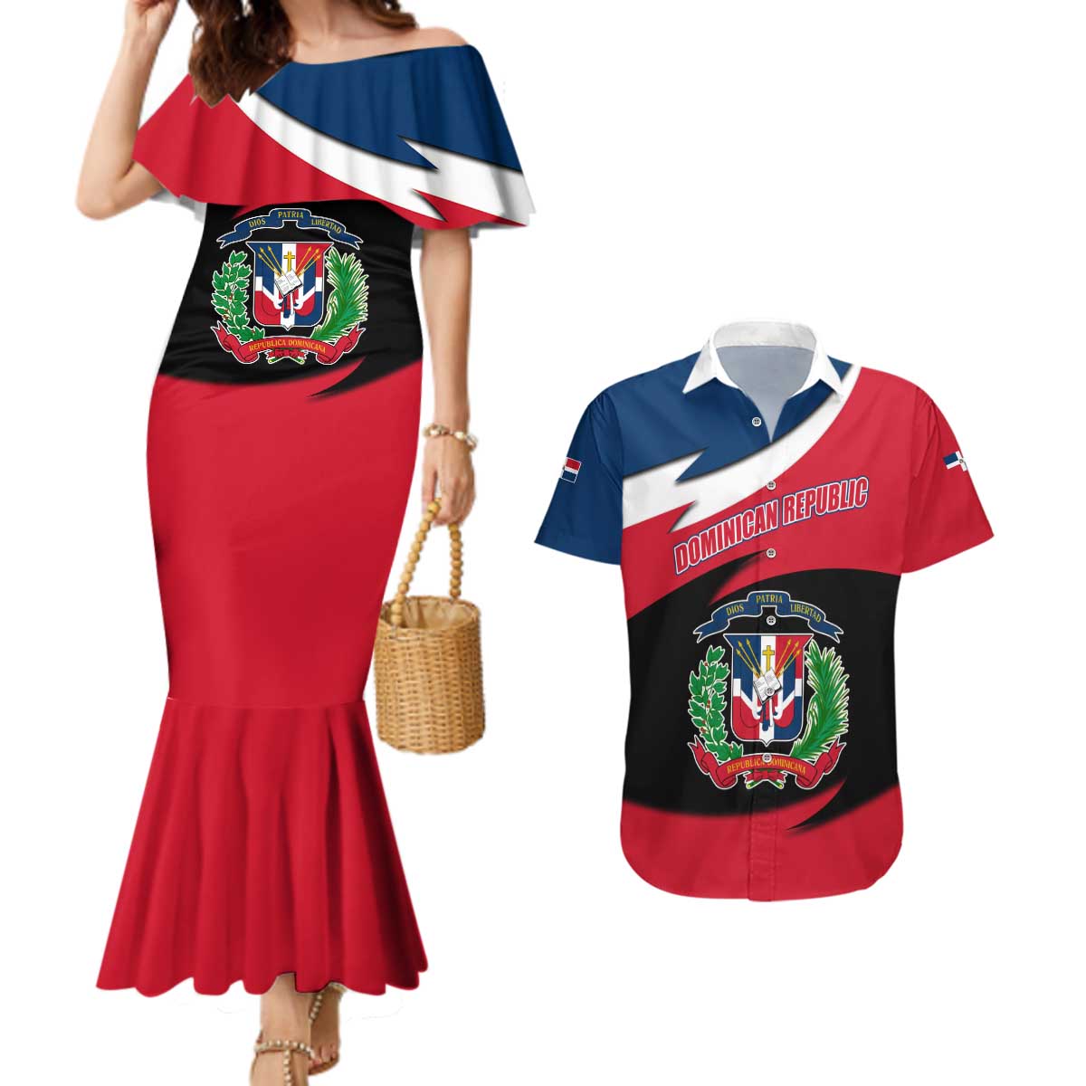 Dominican Republic Flag Couples Matching Mermaid Dress and Hawaiian Shirt with Map National Coat of Arms Island Silhouette - Wonder Print Shop