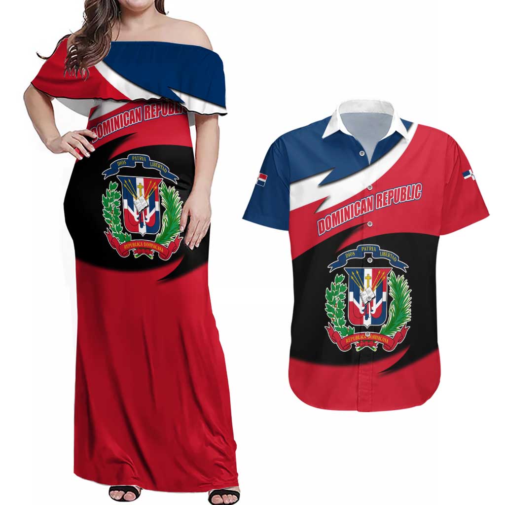 Dominican Republic Flag Couples Matching Off Shoulder Maxi Dress and Hawaiian Shirt with Map National Coat of Arms Island Silhouette - Wonder Print Shop