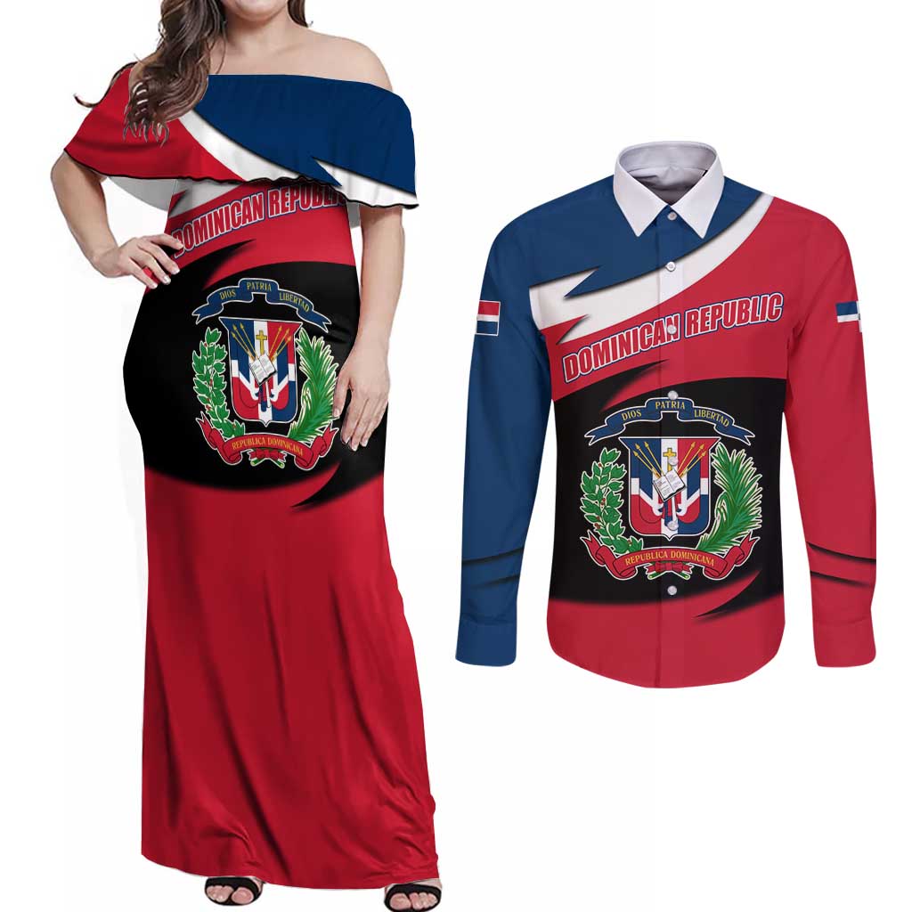 Dominican Republic Flag Couples Matching Off Shoulder Maxi Dress and Long Sleeve Button Shirt with Map National Coat of Arms Island Silhouette - Wonder Print Shop