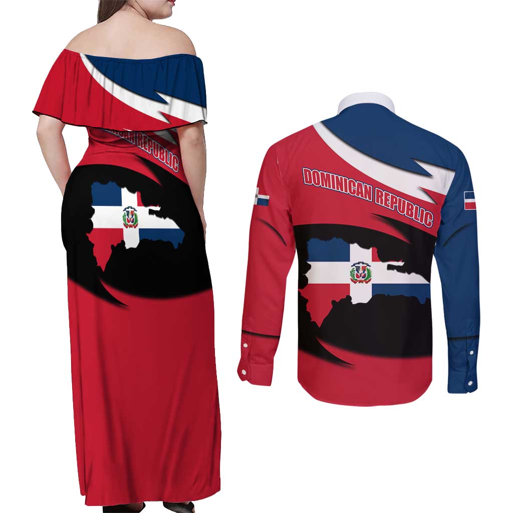 Dominican Republic Flag Couples Matching Off Shoulder Maxi Dress and Long Sleeve Button Shirt with Map National Coat of Arms Island Silhouette - Wonder Print Shop