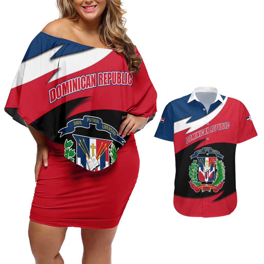 Dominican Republic Flag Couples Matching Off Shoulder Short Dress and Hawaiian Shirt with Map National Coat of Arms Island Silhouette - Wonder Print Shop