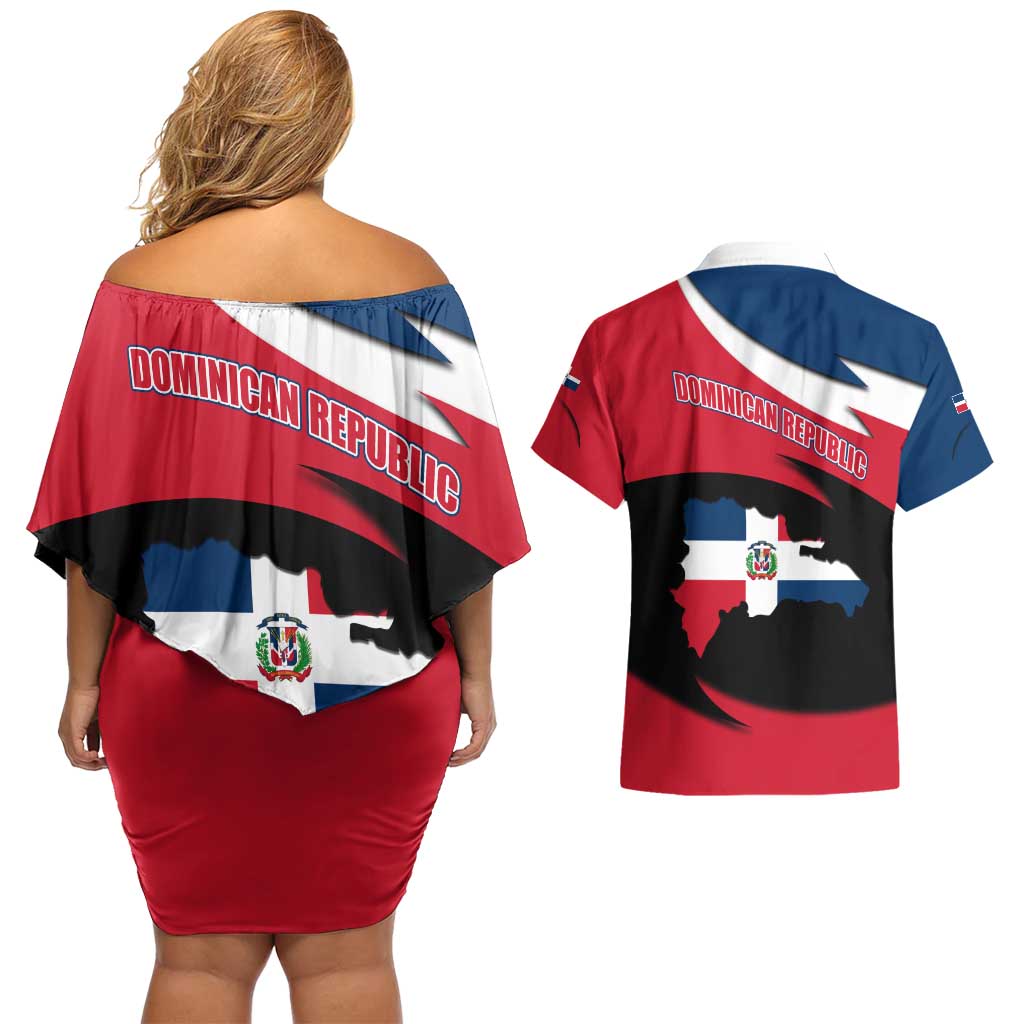Dominican Republic Flag Couples Matching Off Shoulder Short Dress and Hawaiian Shirt with Map National Coat of Arms Island Silhouette - Wonder Print Shop