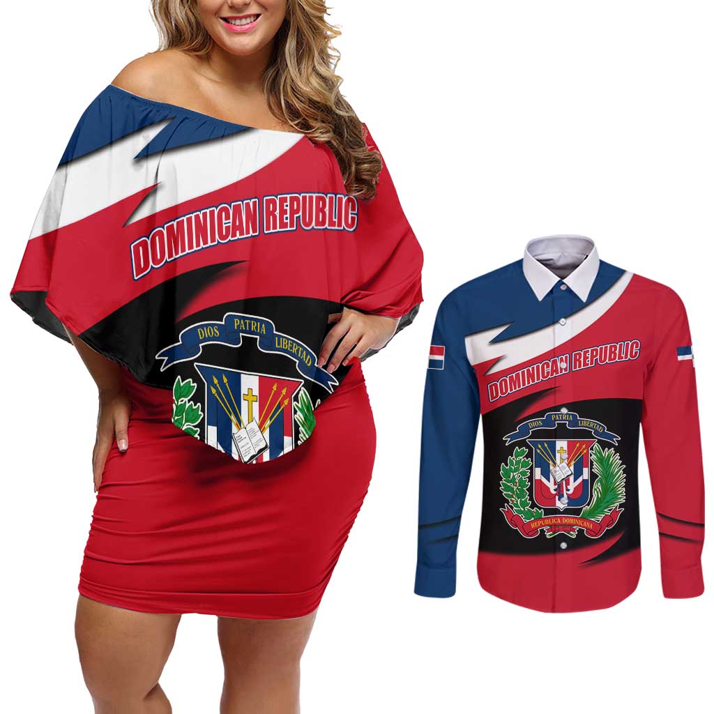 Dominican Republic Flag Couples Matching Off Shoulder Short Dress and Long Sleeve Button Shirt with Map National Coat of Arms Island Silhouette - Wonder Print Shop