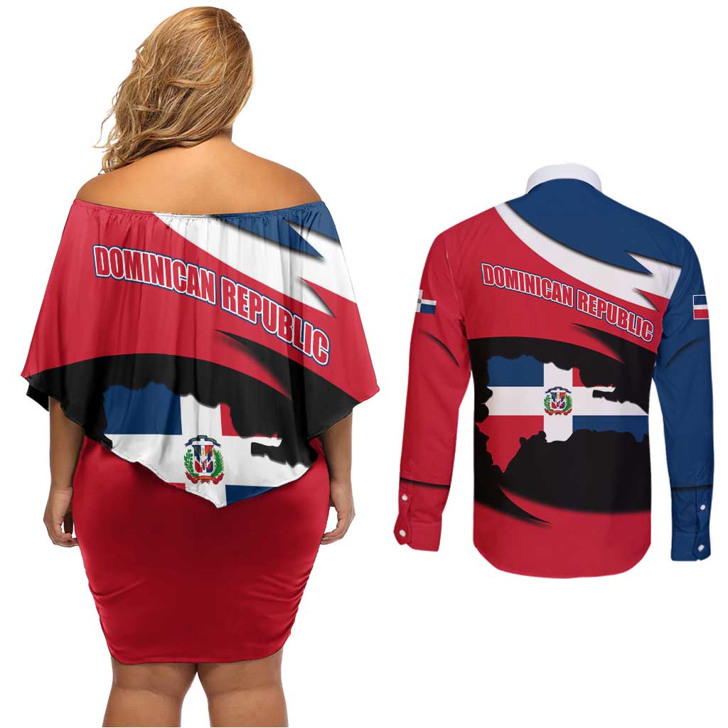 Dominican Republic Flag Couples Matching Off Shoulder Short Dress and Long Sleeve Button Shirt with Map National Coat of Arms Island Silhouette - Wonder Print Shop