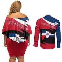 Dominican Republic Flag Couples Matching Off Shoulder Short Dress and Long Sleeve Button Shirt with Map National Coat of Arms Island Silhouette - Wonder Print Shop