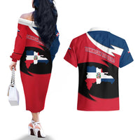 Dominican Republic Flag Couples Matching Off The Shoulder Long Sleeve Dress and Hawaiian Shirt with Map National Coat of Arms Island Silhouette - Wonder Print Shop
