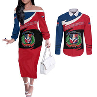 Dominican Republic Flag Couples Matching Off The Shoulder Long Sleeve Dress and Long Sleeve Button Shirt with Map National Coat of Arms Island Silhouette - Wonder Print Shop