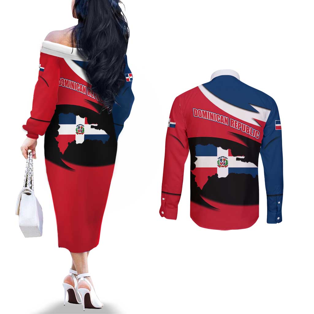 Dominican Republic Flag Couples Matching Off The Shoulder Long Sleeve Dress and Long Sleeve Button Shirt with Map National Coat of Arms Island Silhouette - Wonder Print Shop