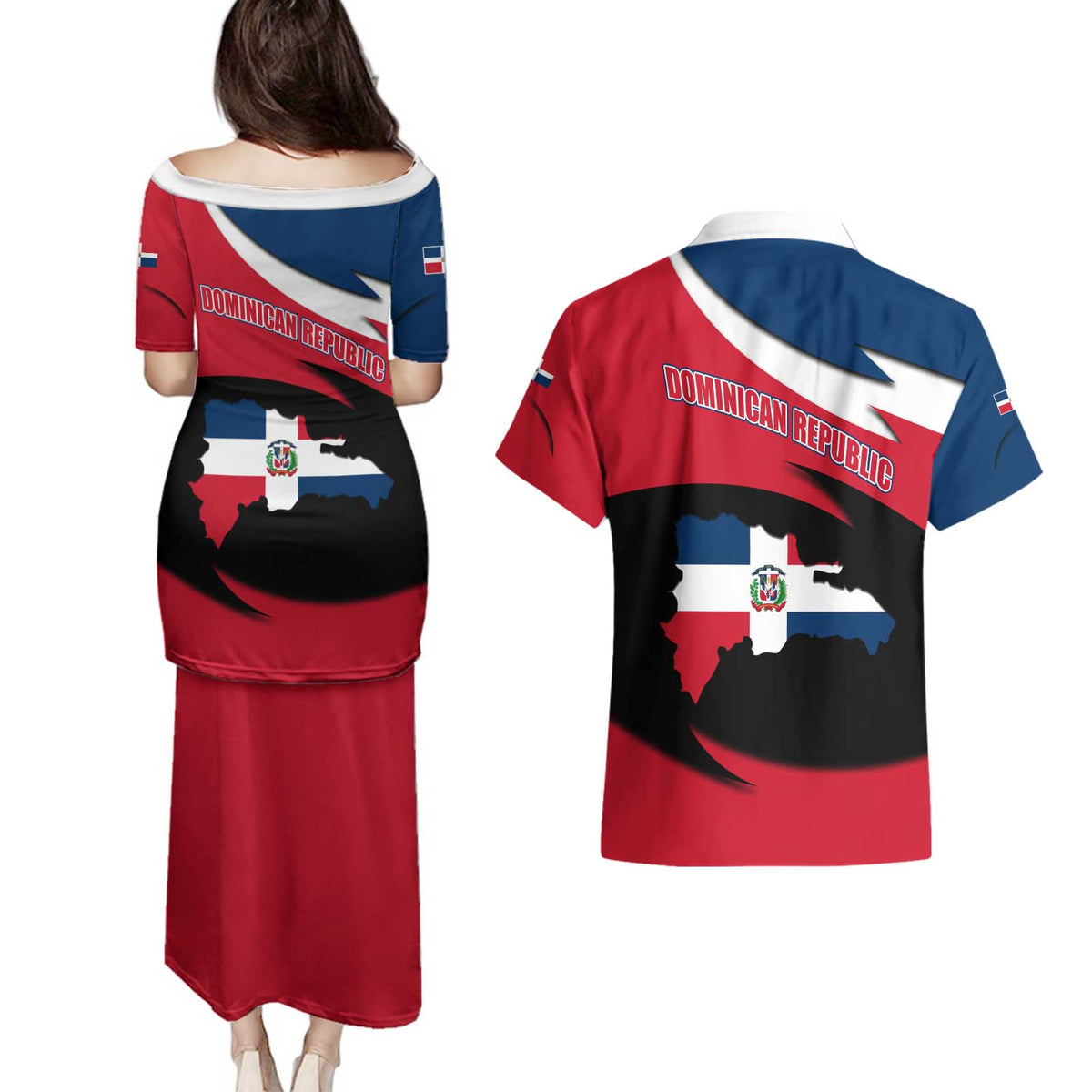 Dominican Republic Flag Couples Matching Puletasi and Hawaiian Shirt with Map National Coat of Arms Island Silhouette - Wonder Print Shop