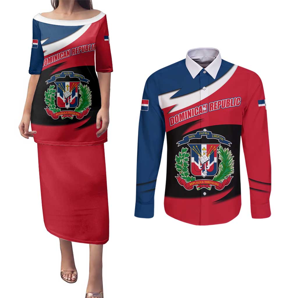 Dominican Republic Flag Couples Matching Puletasi and Long Sleeve Button Shirt with Map National Coat of Arms Island Silhouette - Wonder Print Shop