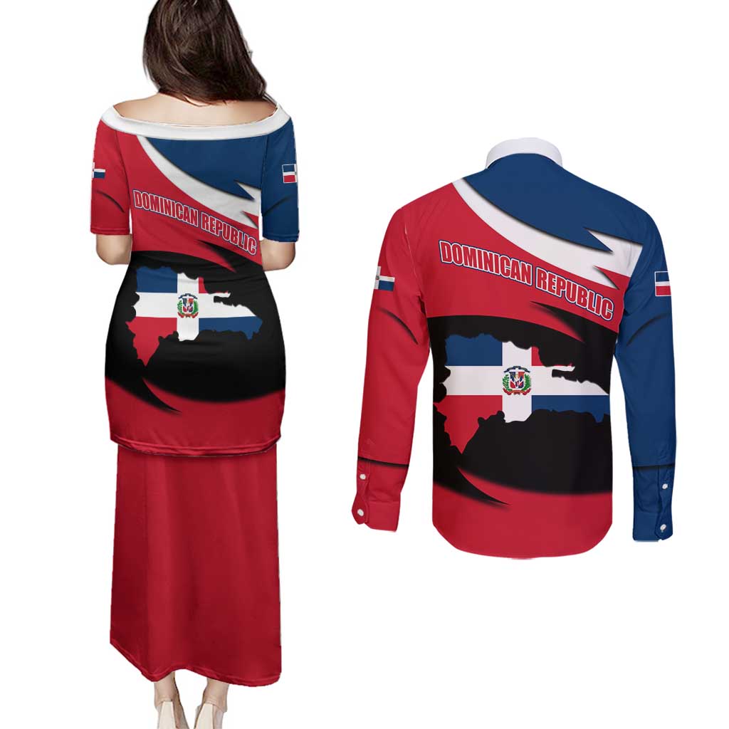 Dominican Republic Flag Couples Matching Puletasi and Long Sleeve Button Shirt with Map National Coat of Arms Island Silhouette - Wonder Print Shop