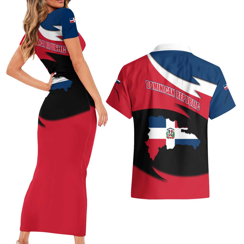 Dominican Republic Flag Couples Matching Short Sleeve Bodycon Dress and Hawaiian Shirt with Map National Coat of Arms Island Silhouette - Wonder Print Shop