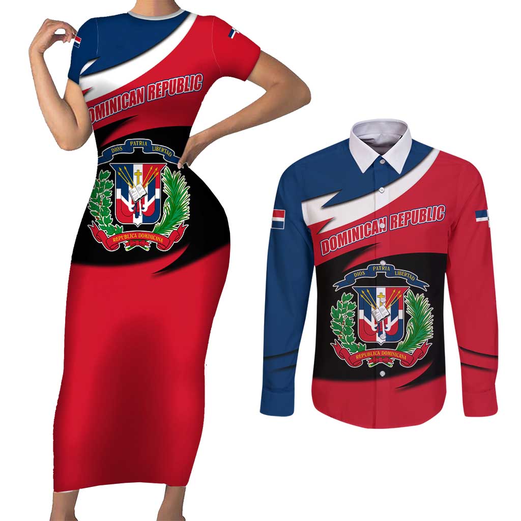 Dominican Republic Flag Couples Matching Short Sleeve Bodycon Dress and Long Sleeve Button Shirt with Map National Coat of Arms Island Silhouette - Wonder Print Shop