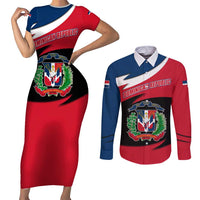 Dominican Republic Flag Couples Matching Short Sleeve Bodycon Dress and Long Sleeve Button Shirt with Map National Coat of Arms Island Silhouette - Wonder Print Shop