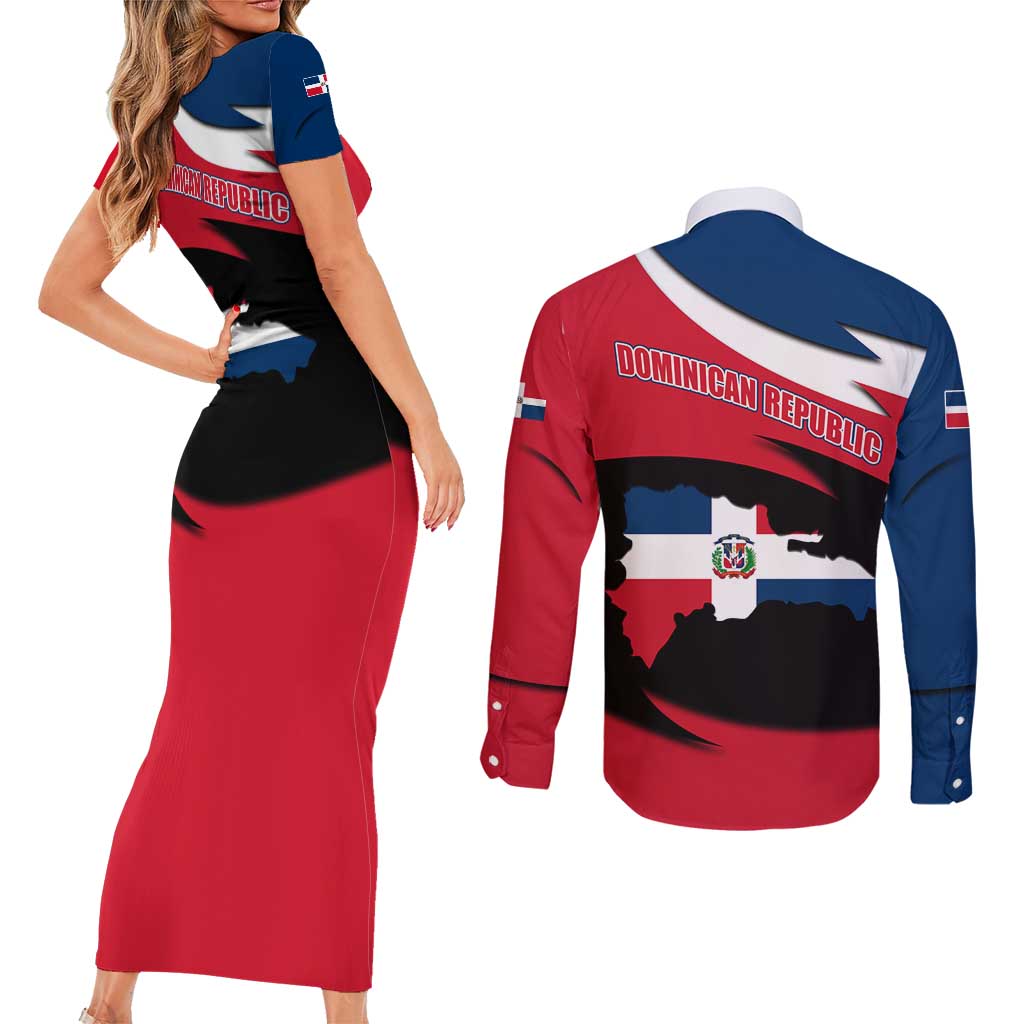 Dominican Republic Flag Couples Matching Short Sleeve Bodycon Dress and Long Sleeve Button Shirt with Map National Coat of Arms Island Silhouette - Wonder Print Shop