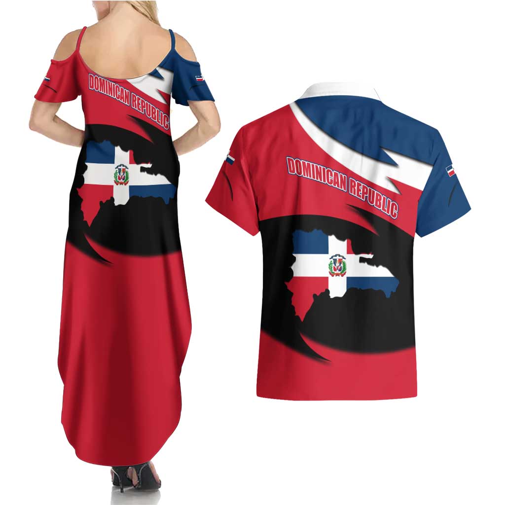 Dominican Republic Flag Couples Matching Summer Maxi Dress and Hawaiian Shirt with Map National Coat of Arms Island Silhouette - Wonder Print Shop