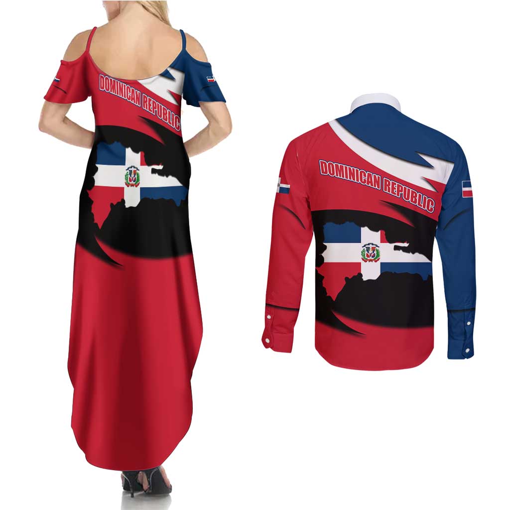 Dominican Republic Flag Couples Matching Summer Maxi Dress and Long Sleeve Button Shirt with Map National Coat of Arms Island Silhouette - Wonder Print Shop