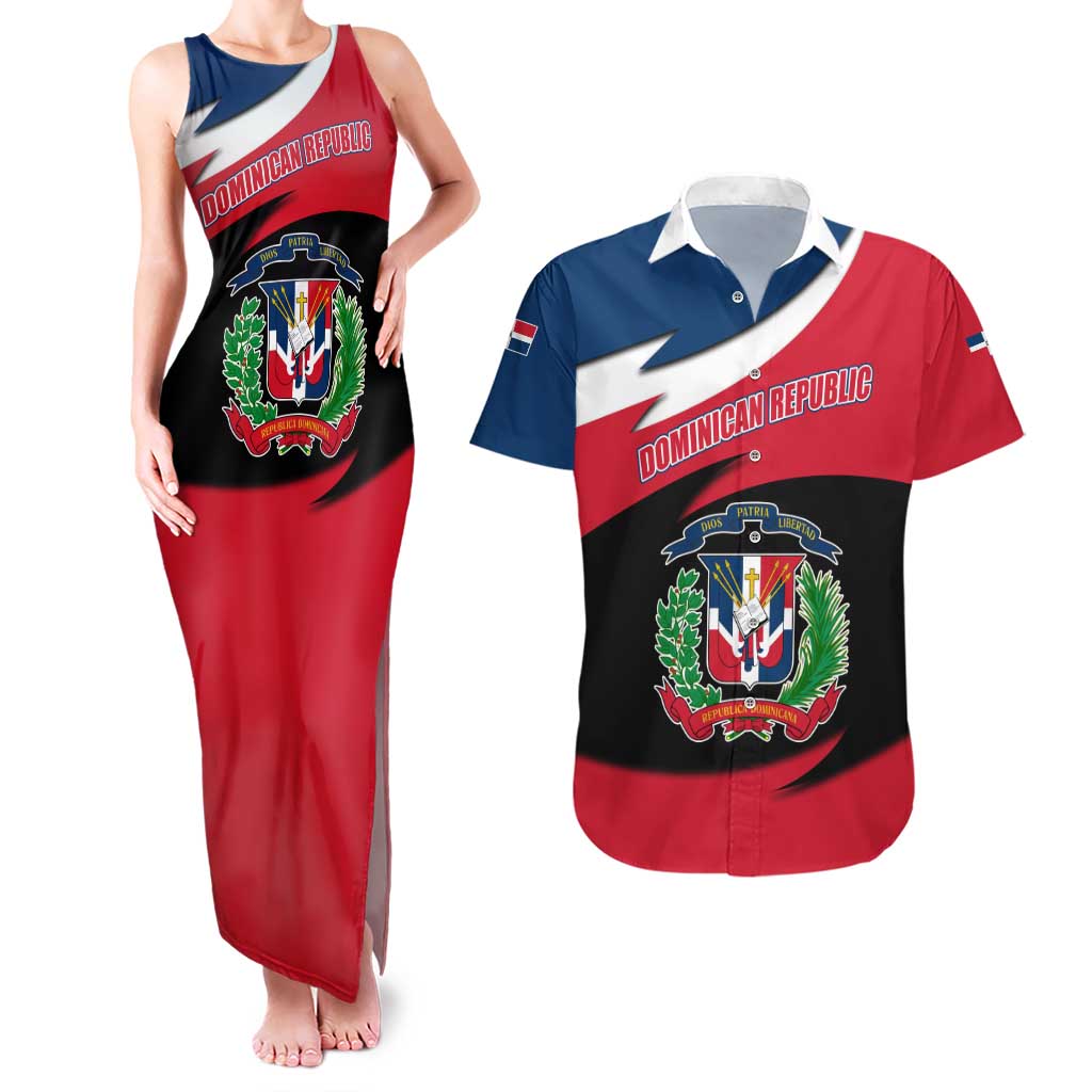 Dominican Republic Flag Couples Matching Tank Maxi Dress and Hawaiian Shirt with Map National Coat of Arms Island Silhouette - Wonder Print Shop