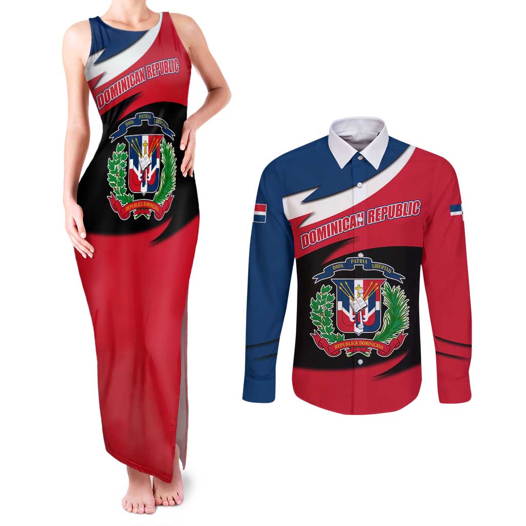 Dominican Republic Flag Couples Matching Tank Maxi Dress and Long Sleeve Button Shirt with Map National Coat of Arms Island Silhouette - Wonder Print Shop