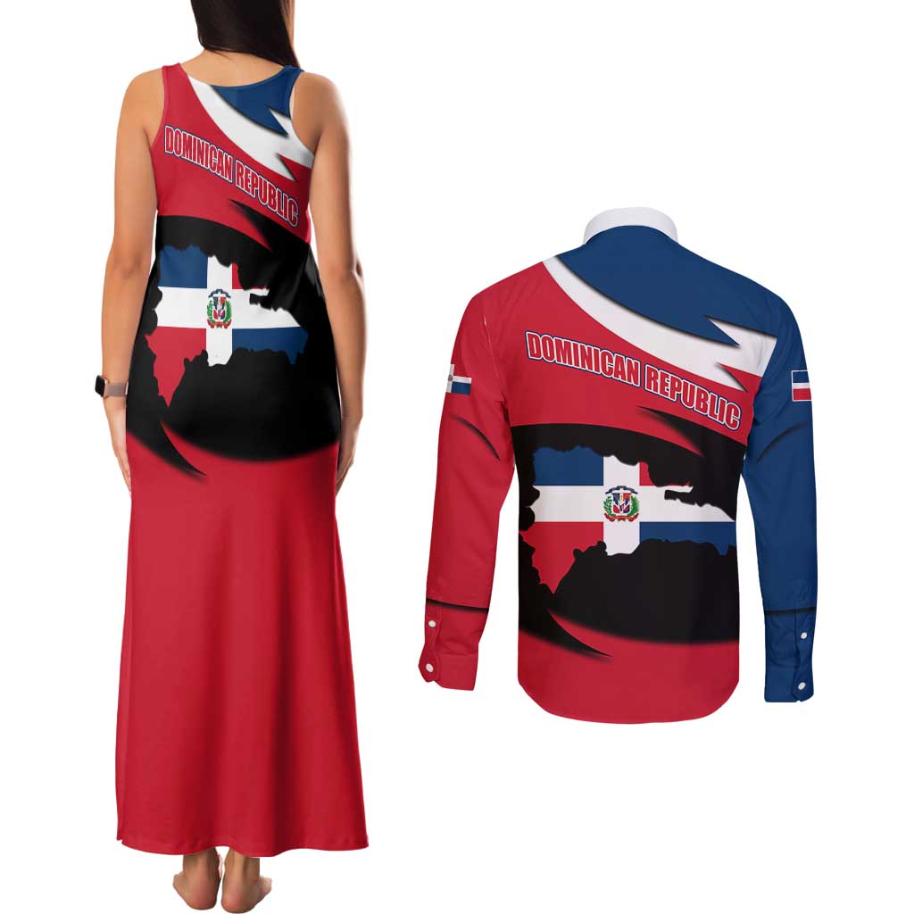Dominican Republic Flag Couples Matching Tank Maxi Dress and Long Sleeve Button Shirt with Map National Coat of Arms Island Silhouette - Wonder Print Shop