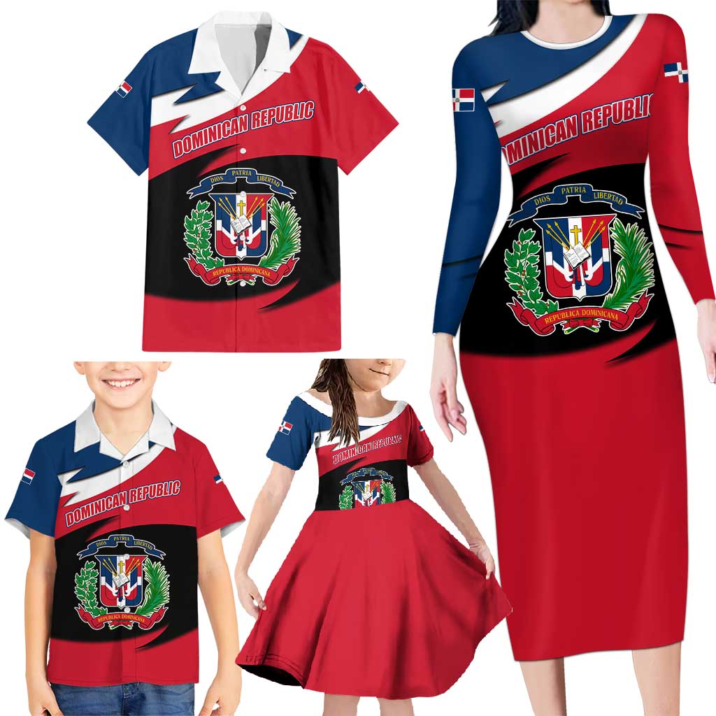 Dominican Republic Flag Family Matching Long Sleeve Bodycon Dress and Hawaiian Shirt with Map National Coat of Arms Island Silhouette - Wonder Print Shop