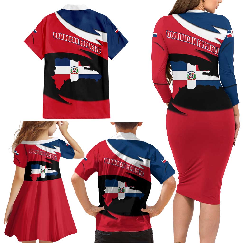 Dominican Republic Flag Family Matching Long Sleeve Bodycon Dress and Hawaiian Shirt with Map National Coat of Arms Island Silhouette - Wonder Print Shop
