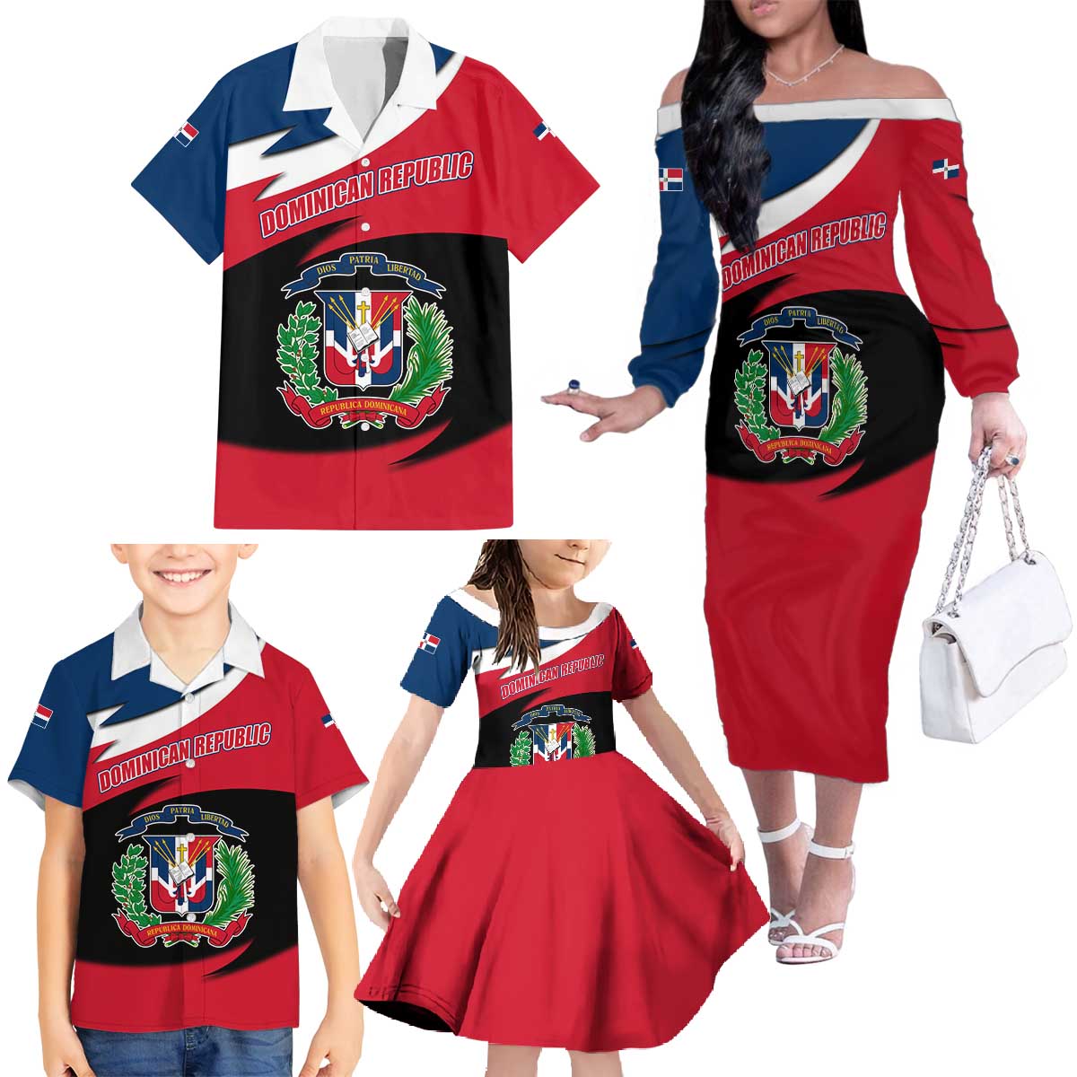 Dominican Republic Flag Family Matching Off The Shoulder Long Sleeve Dress and Hawaiian Shirt with Map National Coat of Arms Island Silhouette - Wonder Print Shop