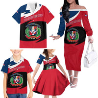 Dominican Republic Flag Family Matching Off The Shoulder Long Sleeve Dress and Hawaiian Shirt with Map National Coat of Arms Island Silhouette - Wonder Print Shop