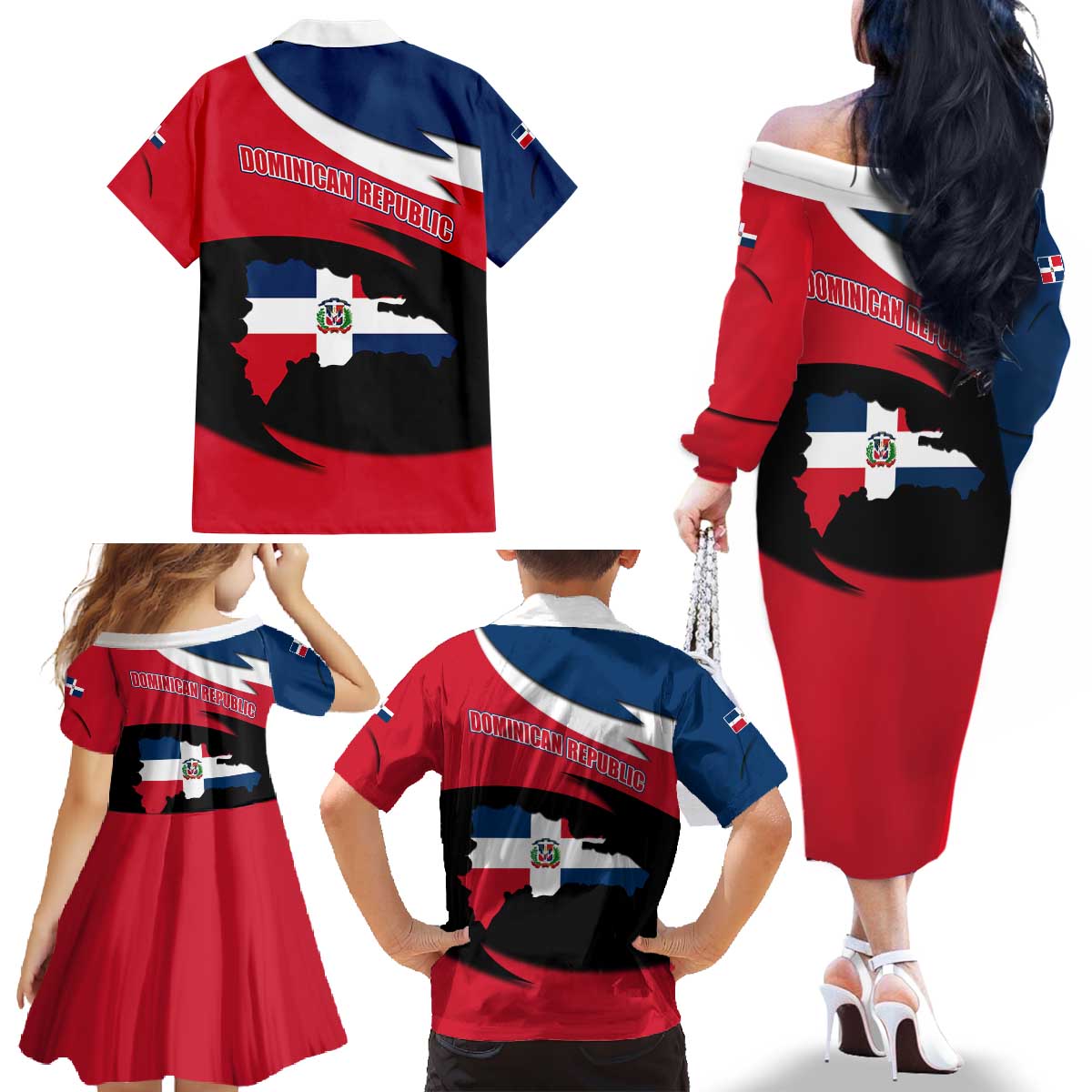 Dominican Republic Flag Family Matching Off The Shoulder Long Sleeve Dress and Hawaiian Shirt with Map National Coat of Arms Island Silhouette - Wonder Print Shop